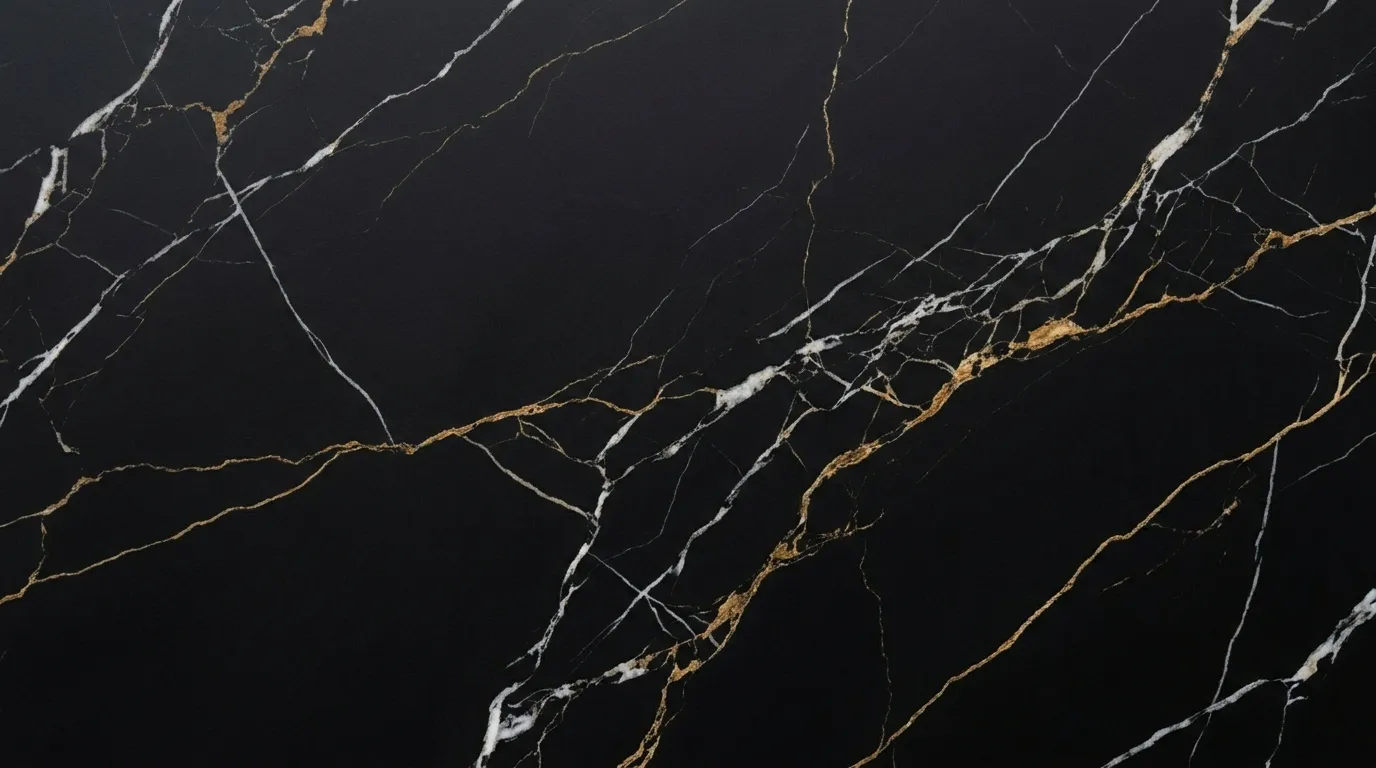 A black marble swatch with gold veining from a product catalog