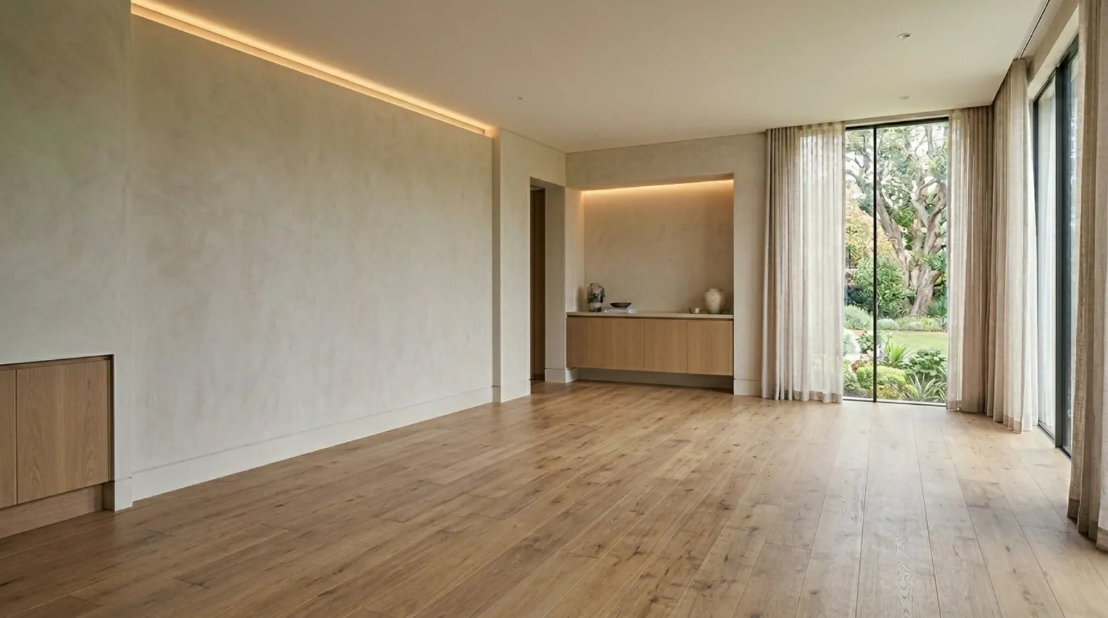 Empty sunlit room with oak floors and a garden view through floor-to-ceiling glass.