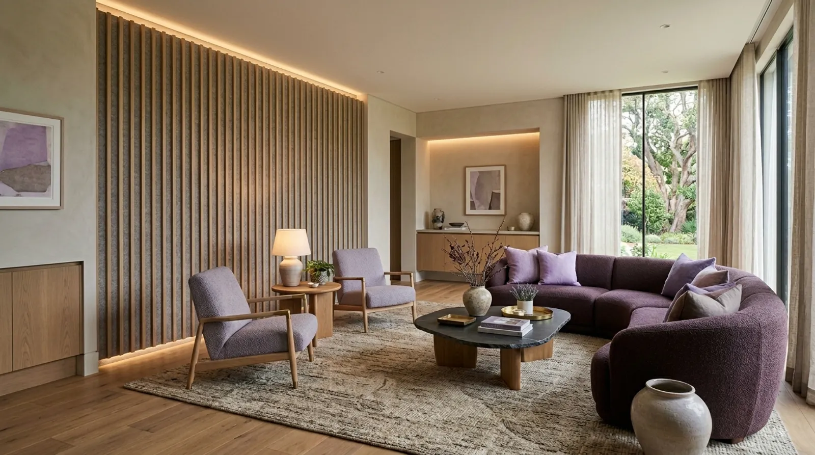 A room styled with plum seating, a timber slat wall and a layered rug