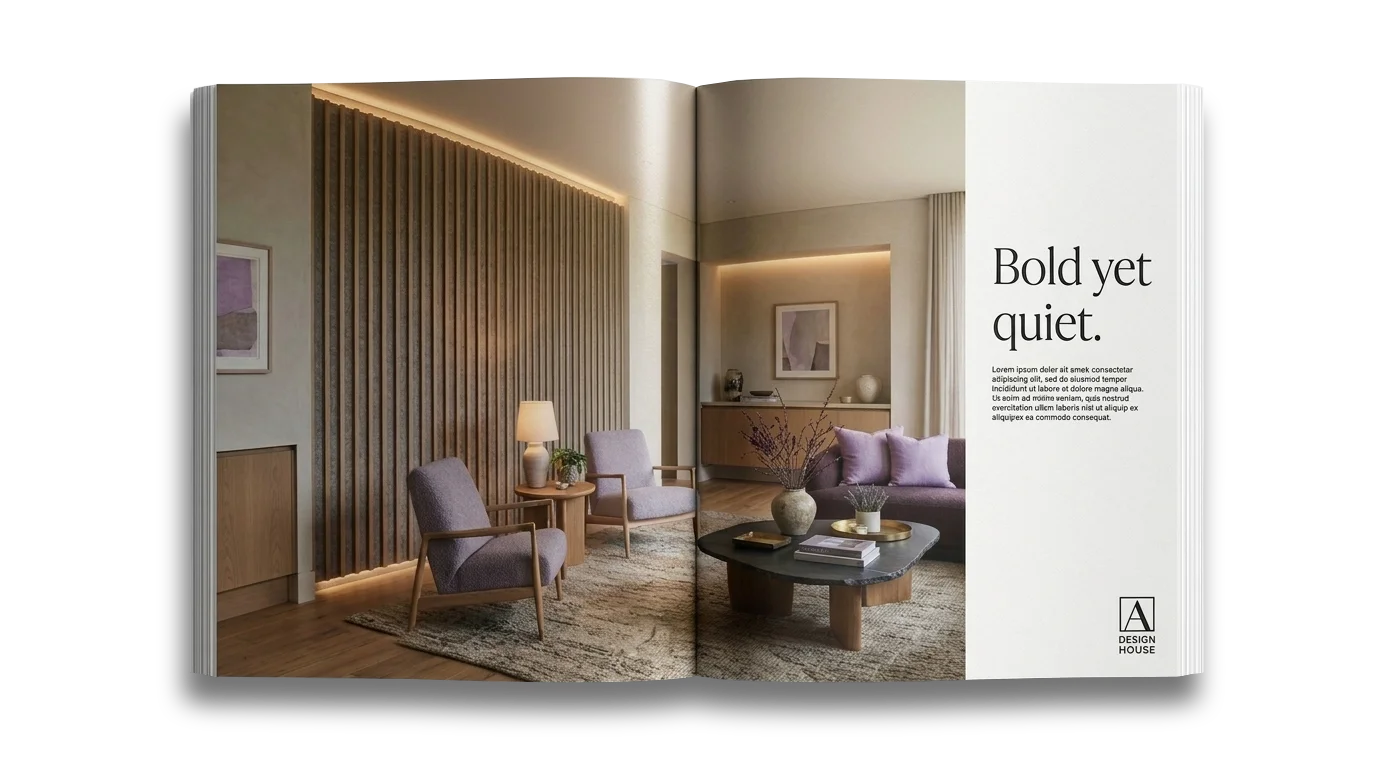 A printed design magazine spread reading "Bold yet quiet." featuring the styled room